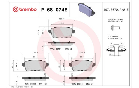 Jeu de plaquettes de frein, frein à disque P 68 074E Brembo