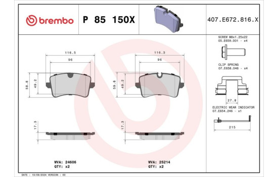 Jeu de plaquettes de frein, frein à disque P 85 150X Brembo, Image 2