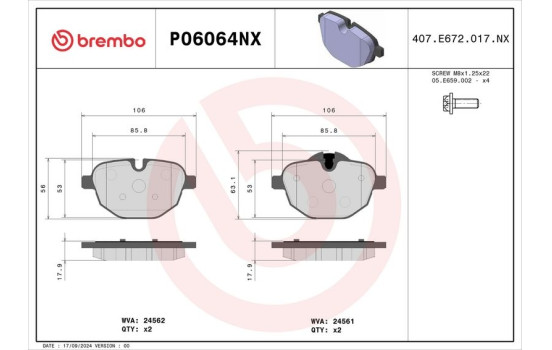 Jeu de plaquettes de frein, frein à disque P06064NX Brembo, Image 2
