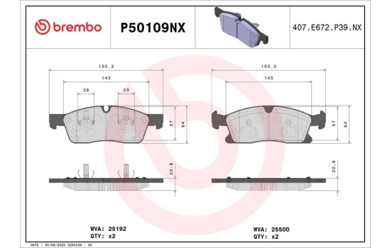 Jeu de plaquettes de frein, frein à disque P50109NX Brembo