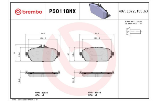 Jeu de plaquettes de frein, frein à disque P50118NX Brembo