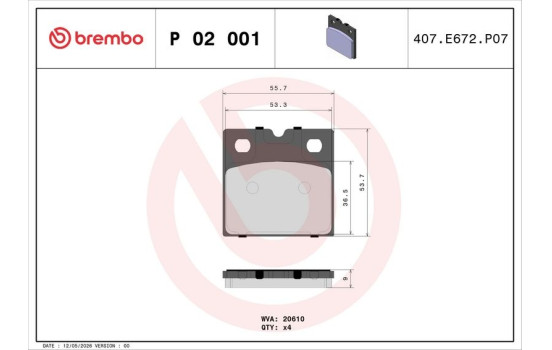 Kit de plaquettes de frein, disque de frein de stationnement P 02 001 Brembo, Image 3