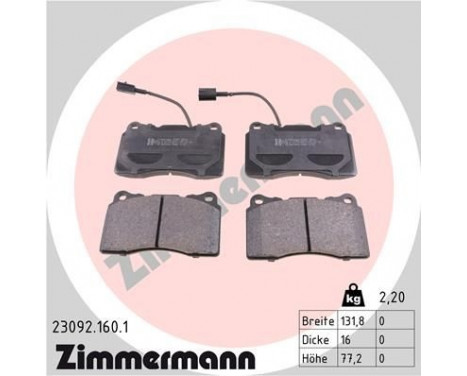 Kit de plaquettes de frein, frein à disque 23092.160.1 Zimmermann