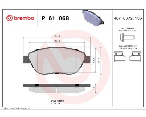 Kit de plaquettes de frein, frein à disque BREMBO XTRA LINE P 61 068X, Image 2