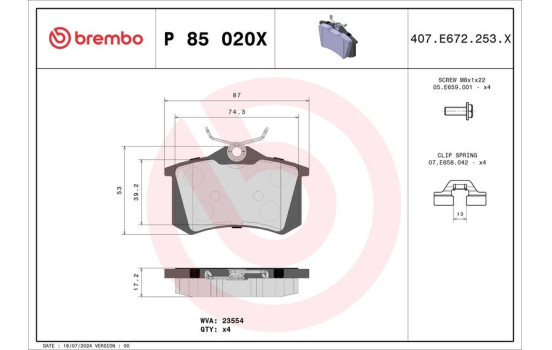 Kit de plaquettes de frein, frein à disque BREMBO XTRA LINE P 85 020X