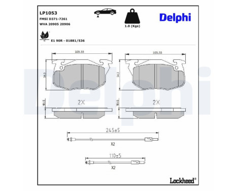 Kit de plaquettes de frein, frein à disque LP1053 Delphi