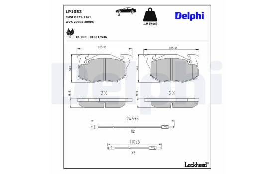 Kit de plaquettes de frein, frein à disque LP1053 Delphi