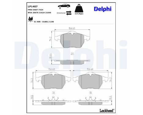 Kit de plaquettes de frein, frein à disque LP1407 Delphi