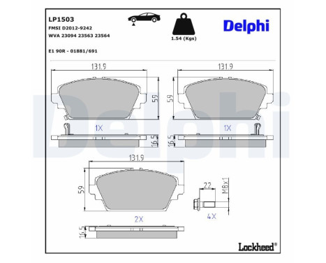Kit de plaquettes de frein, frein à disque LP1503 Delphi