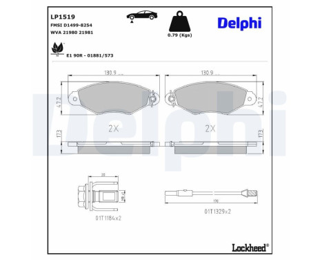 Kit de plaquettes de frein, frein à disque LP1519 Delphi