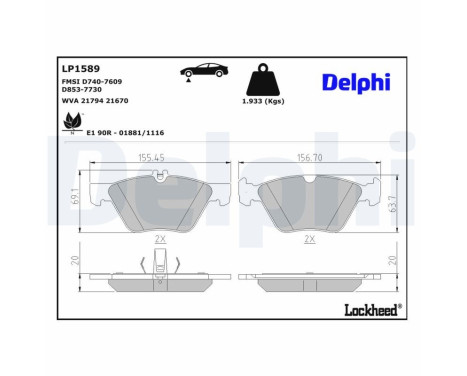 Kit de plaquettes de frein, frein à disque LP1589 Delphi