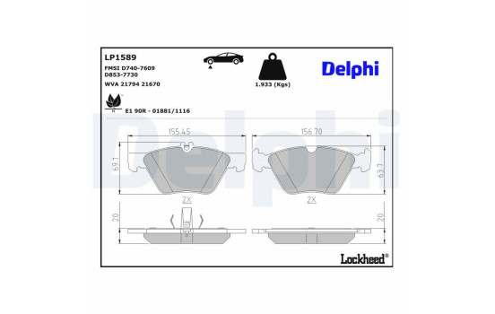 Kit de plaquettes de frein, frein à disque LP1589 Delphi
