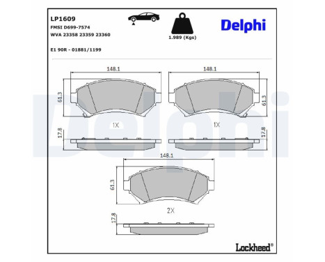 Kit de plaquettes de frein, frein à disque LP1609 Delphi
