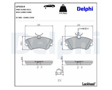 Kit de plaquettes de frein, frein à disque LP1614 Delphi