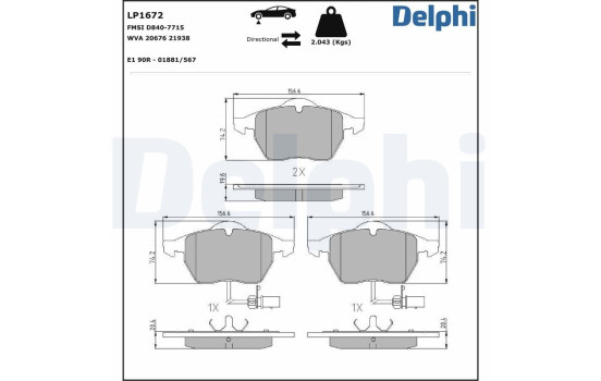 Kit de plaquettes de frein, frein à disque LP1672 Delphi