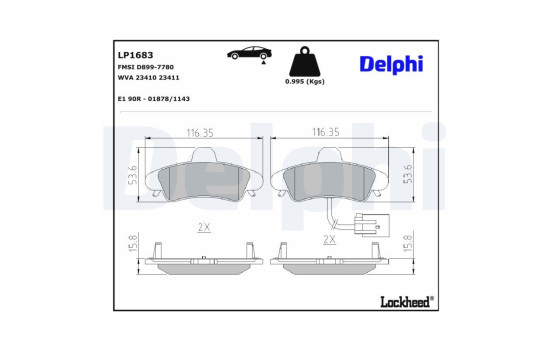 Kit de plaquettes de frein, frein à disque LP1683 Delphi