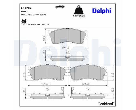Kit de plaquettes de frein, frein à disque LP1702 Delphi