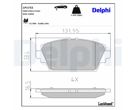 Kit de plaquettes de frein, frein à disque LP1732 Delphi