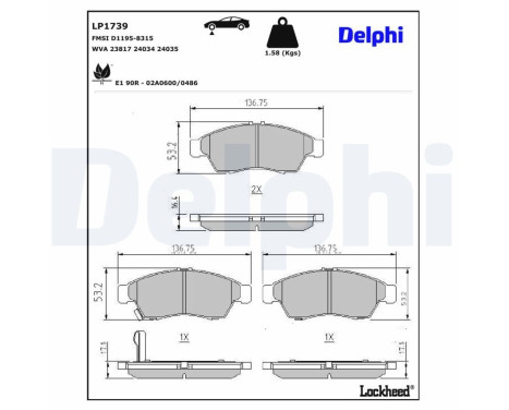 Kit de plaquettes de frein, frein à disque LP1739 Delphi