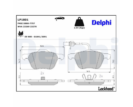 Kit de plaquettes de frein, frein à disque LP1801 Delphi