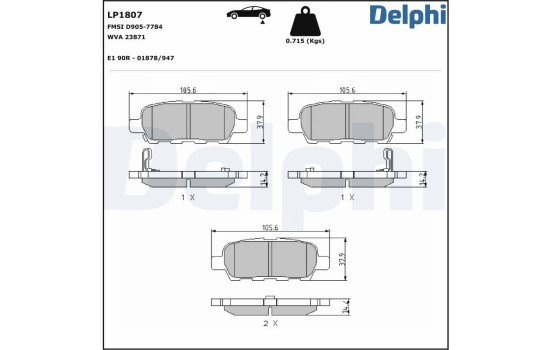 Kit de plaquettes de frein, frein à disque LP1807 Delphi