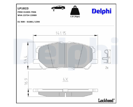 Kit de plaquettes de frein, frein à disque LP1823 Delphi
