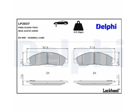 Kit de plaquettes de frein, frein à disque LP2037 Delphi