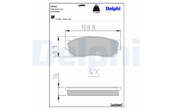 Kit de plaquettes de frein, frein à disque LP261 Delphi