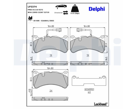 Kit de plaquettes de frein, frein à disque LP3374 Delphi
