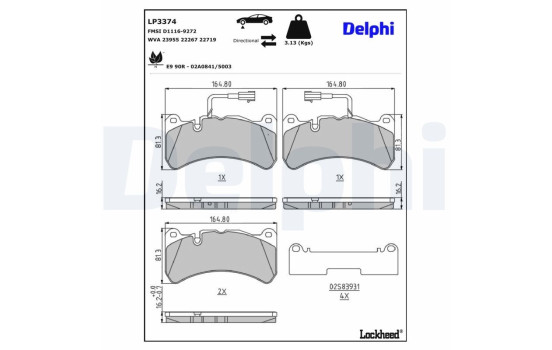Kit de plaquettes de frein, frein à disque LP3374 Delphi