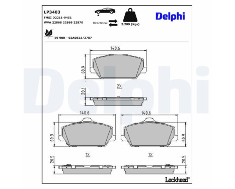 Kit de plaquettes de frein, frein à disque LP3403 Delphi