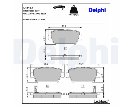 Kit de plaquettes de frein, frein à disque LP3433 Delphi