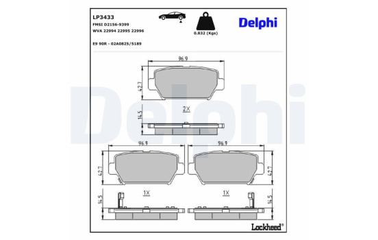 Kit de plaquettes de frein, frein à disque LP3433 Delphi