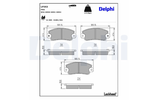 Kit de plaquettes de frein, frein à disque LP353 Delphi
