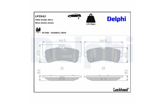 Kit de plaquettes de frein, frein à disque LP3542 Delphi