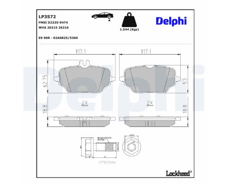Kit de plaquettes de frein, frein à disque LP3572 Delphi