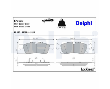 Kit de plaquettes de frein, frein à disque LP3628 Delphi