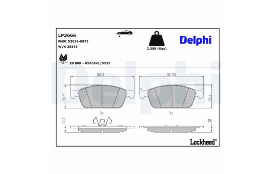Kit de plaquettes de frein, frein à disque LP3666 Delphi