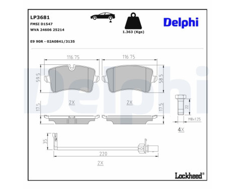 Kit de plaquettes de frein, frein à disque LP3681 Delphi