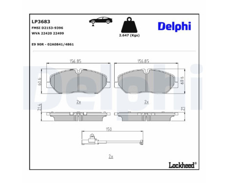 Kit de plaquettes de frein, frein à disque LP3683 Delphi