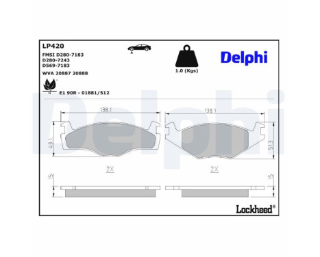 Kit de plaquettes de frein, frein à disque LP420 Delphi