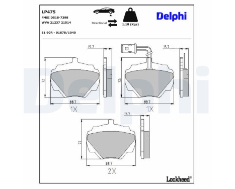 Kit de plaquettes de frein, frein à disque LP475 Delphi