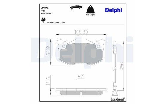 Kit de plaquettes de frein, frein à disque LP491 Delphi