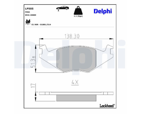 Kit de plaquettes de frein, frein à disque LP505 Delphi