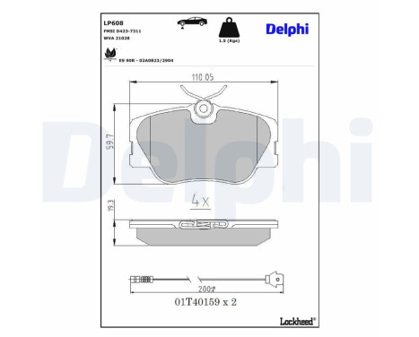 Kit de plaquettes de frein, frein à disque LP608 Delphi