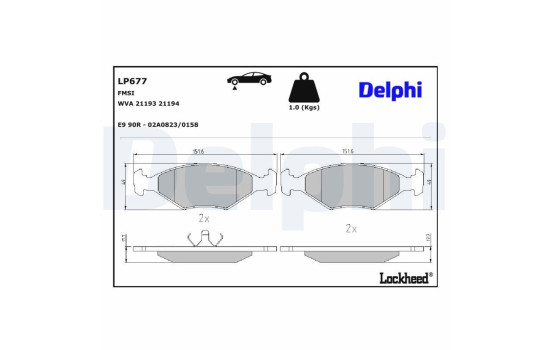 Kit de plaquettes de frein, frein à disque LP677 Delphi