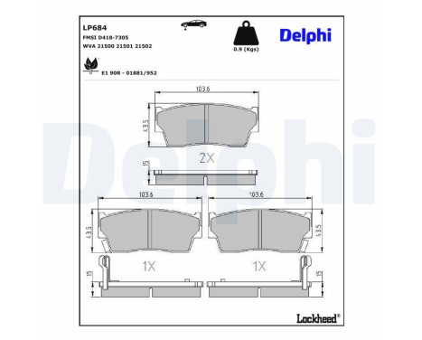Kit de plaquettes de frein, frein à disque LP684 Delphi