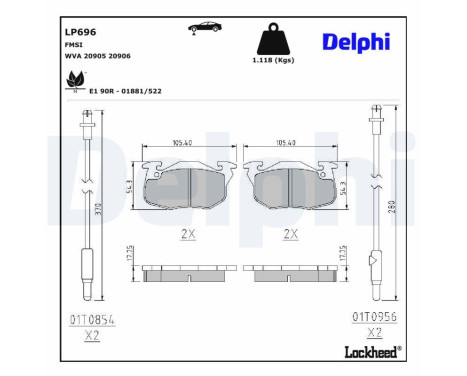 Kit de plaquettes de frein, frein à disque LP696 Delphi