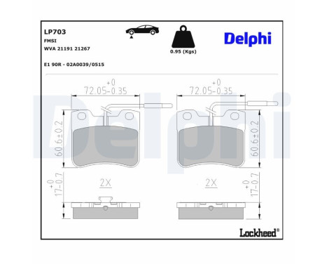 Kit de plaquettes de frein, frein à disque LP703 Delphi