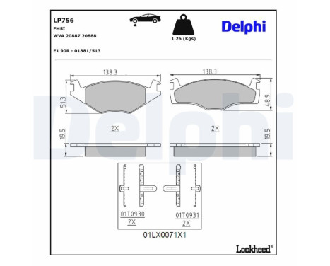Kit de plaquettes de frein, frein à disque LP756 Delphi